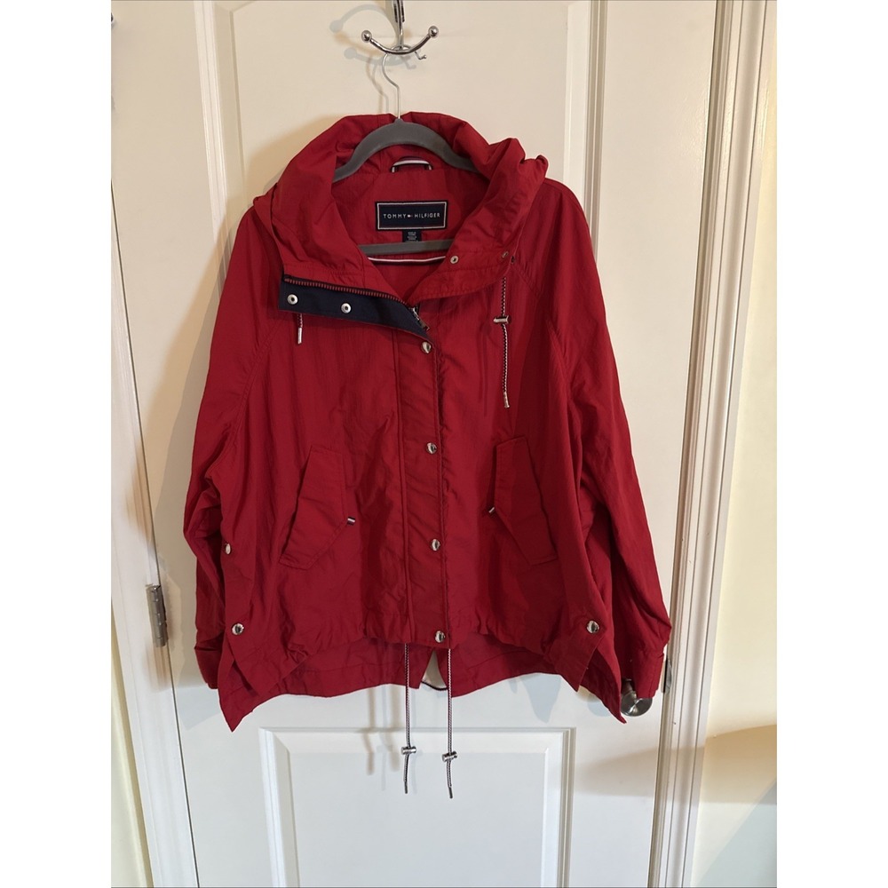 Tommy Hilfiger Vintage Red Windbreaker W Hood & Draw Cords Women's Size Medium